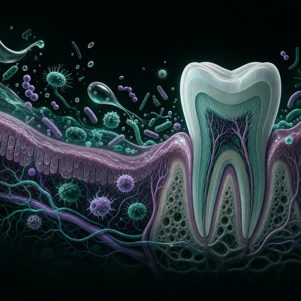Illustration of the oral ecosystem: microbiome, saliva, gums, bone, blood vessels, and immune cells
