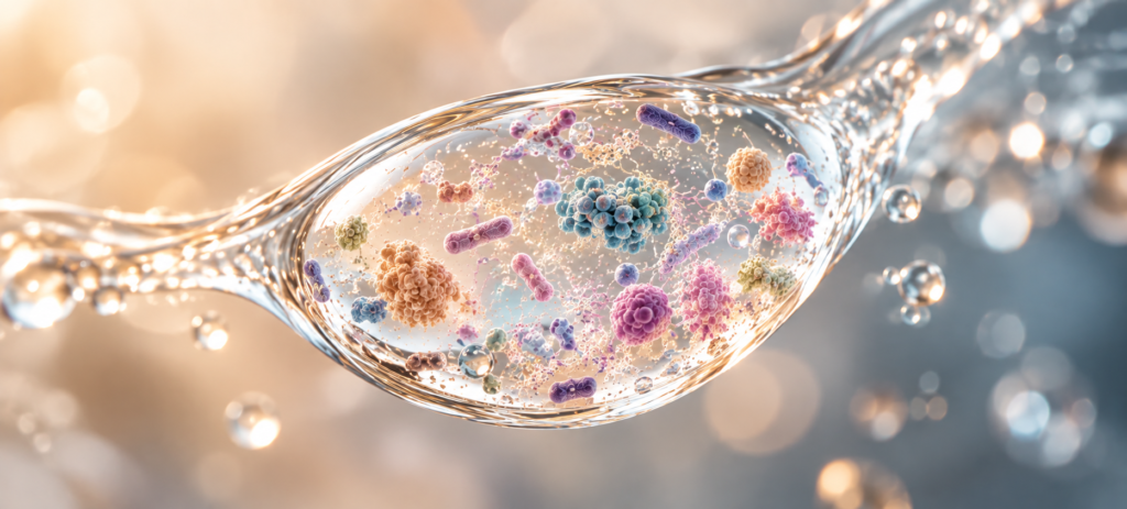 Close-up illustration of a saliva droplet containing biological elements, representing the complex information saliva can carry about oral and overall health.