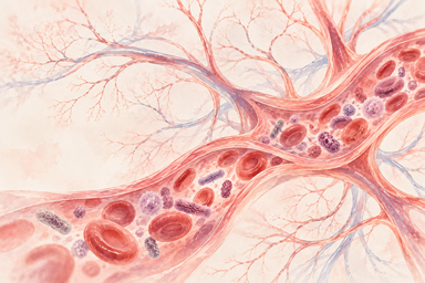 Watercolor illustration of branching blood vessels containing red blood cells and purple microorganisms, representing how oral bacteria can enter the bloodstream and circulate throughout the body.