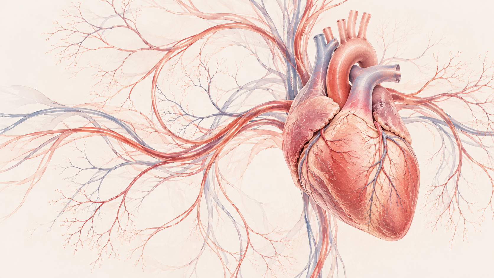 Minimalist anatomical illustration of a human heart in soft pink and coral tones, surrounded by delicate branching blood vessels against a warm cream background.
