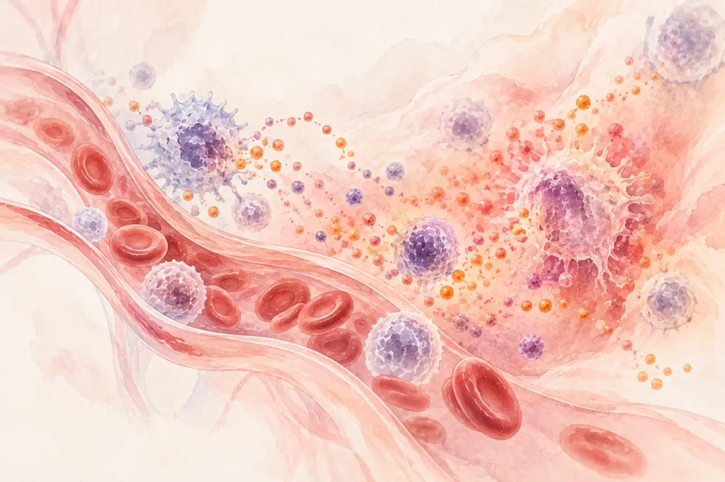 Watercolor illustration of immune cells, red blood cells, and inflammatory signaling molecules, representing how inflammation and immune responses can affect the body beyond the mouth.