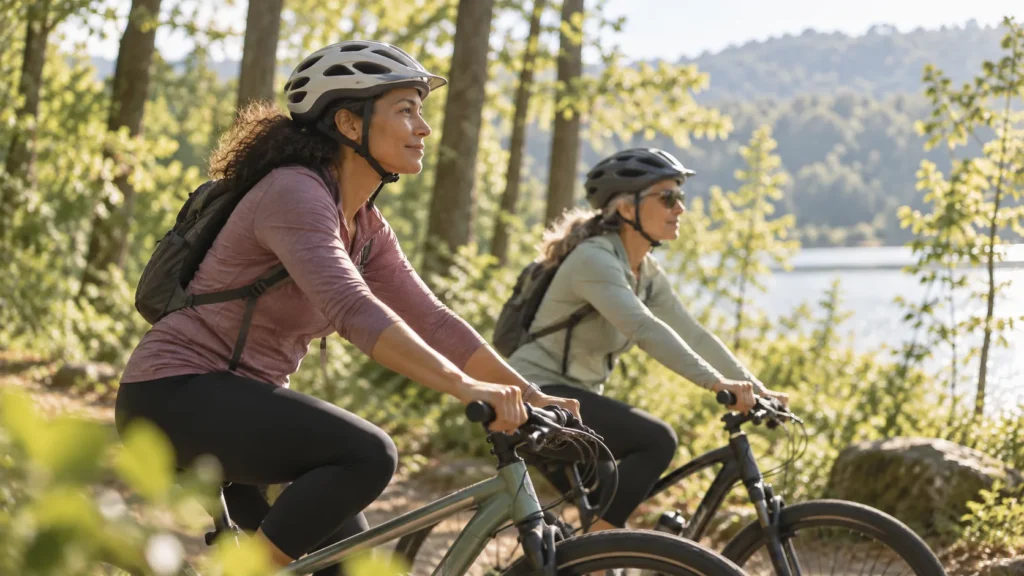 Two women wearing bicycle helmets ride along a wooded trail beside a lake, surrounded by trees to maintain brain health.